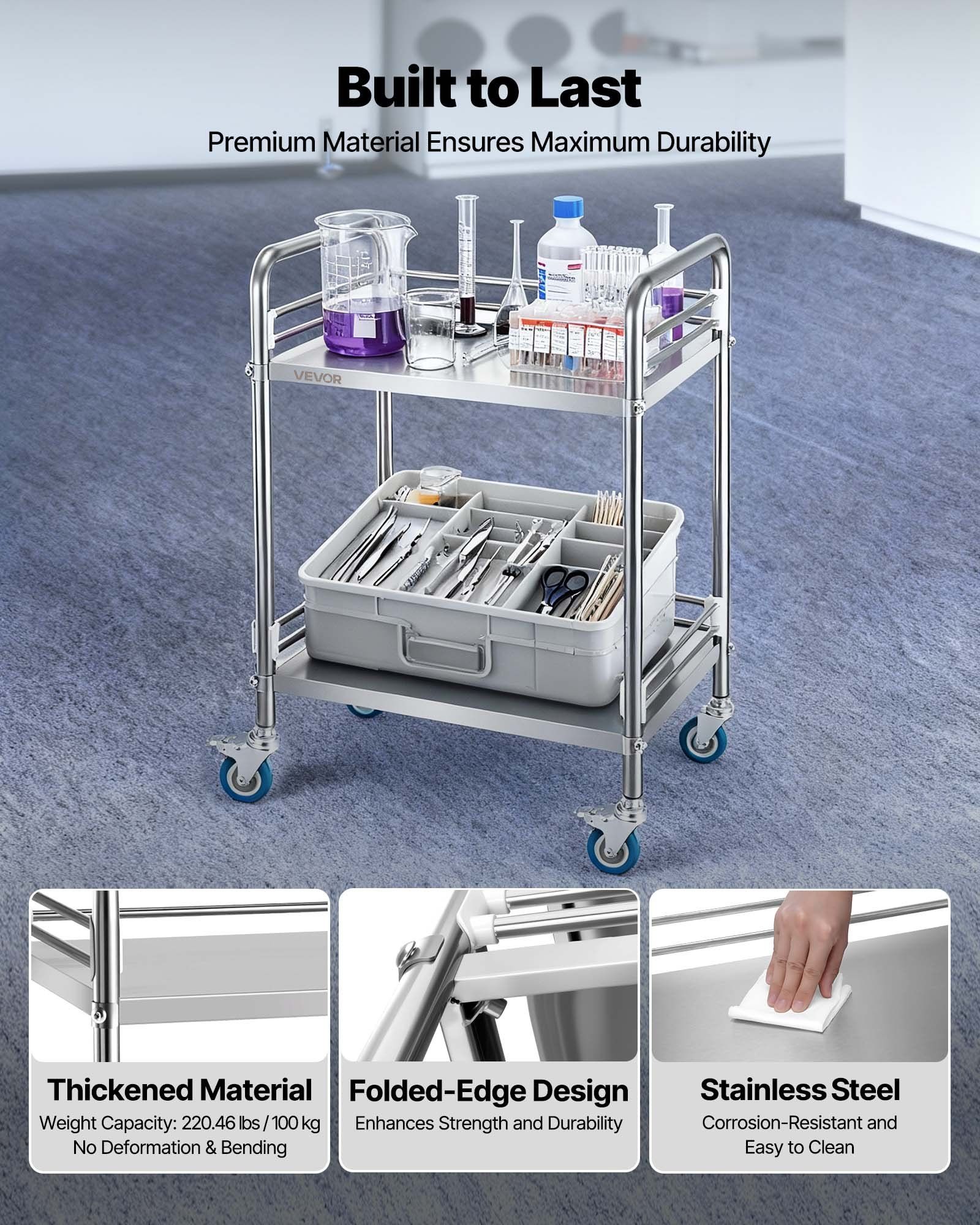 Medical Laboratory - Stainless Steel Cart, 2-Tier Rolling Lab